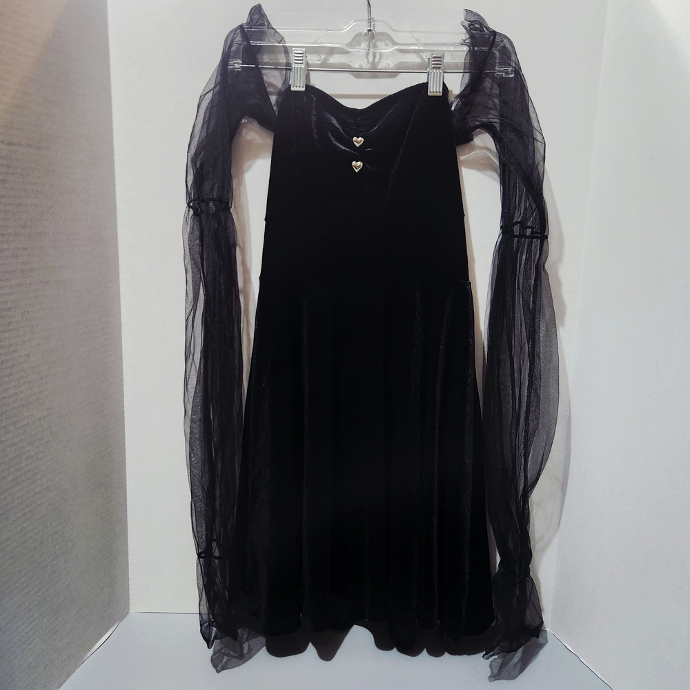 Goth Black Velvet Pixie Dress with Sheer Sleeves